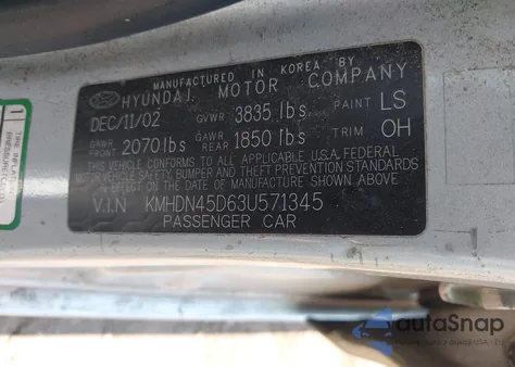 2003 Hyundai Elantra Gls/Gt from USA, damaged, VIN KMHDN45D63U571345